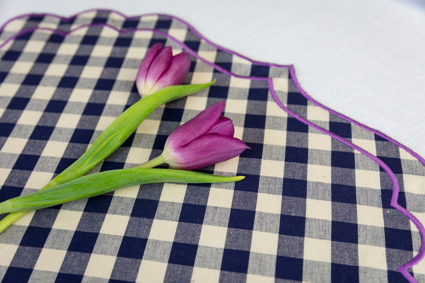 Gingham Navy&Purple Scalloped Placemat - Set of 2